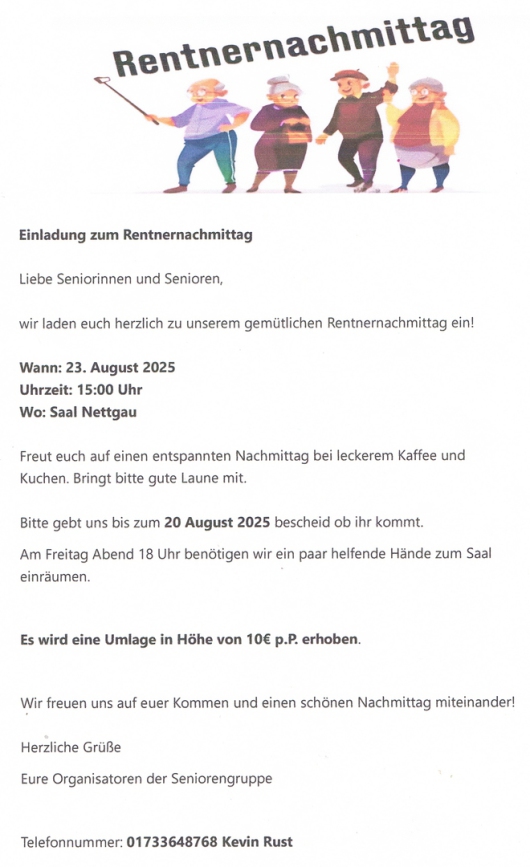 20250823 Einladung Rentnernachmittag für Gladdenstedt, Nettgau und Wendischbrome