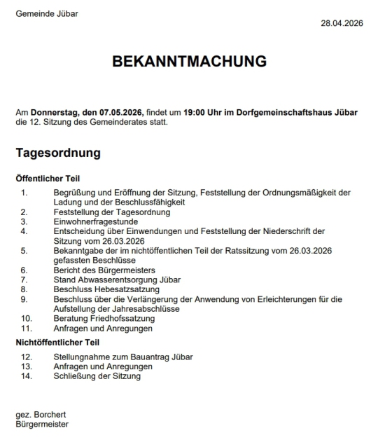 20260501 Gemeinde - 12. Gemeinderatssitzung 20260507 Bekanntmachung